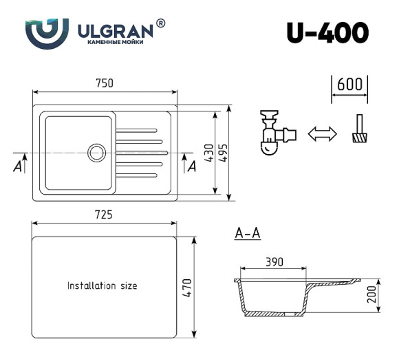 Кухонная мойка Ulgran Classic U-400-308 Черная Кухонная мойка Ulgran Classic U-400-308 Черная