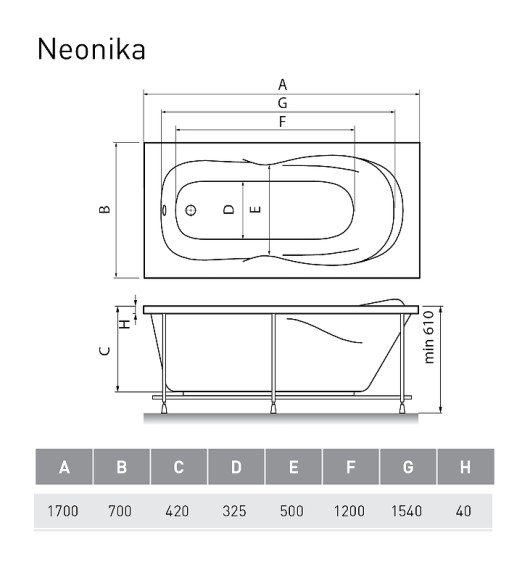 Акриловая ванна Relisan Neonika 170x70 Гл000000964 без гидромассажа