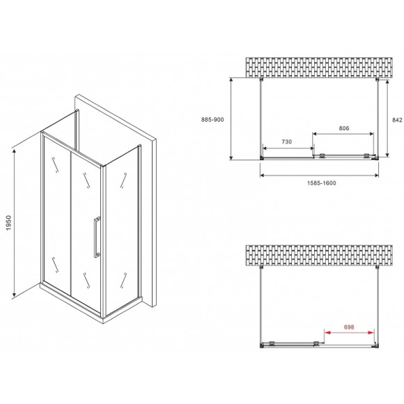 Душевой уголок Abber Schwarzer Diamant 160x90 AG30160BMH-S90BM-S90BM профиль Черный стекло матовое