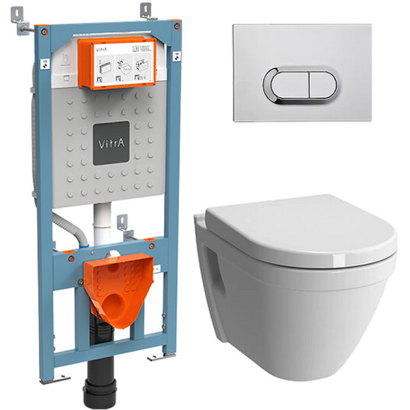 Комплект унитаза с инсталляцией Vitra S50 Rim-Ex 9003B003-7201 с сиденьем Микролифт и клавишей смыва Хром глянцевый