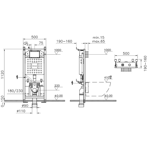 Комплект унитаза с инсталляцией Vitra S50 Rim-Ex 9003B003-7201 с сиденьем Микролифт и клавишей смыва Хром глянцевый