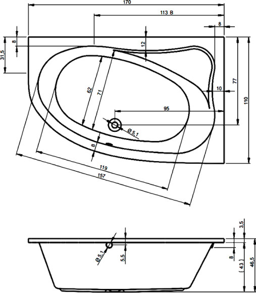 Акриловая ванна Riho Lyra 170x110 B018001005 (BA6400500000000) L без гидромассажа