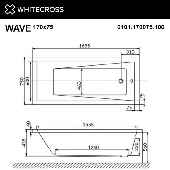 Акриловая ванна Whitecross Wave 170x75 0101.170075.100.RELAX.GL с гидромассажем Акриловая ванна Whitecross Wave 170x75 0101.170075.100.RELAX.GL с гидромассажем