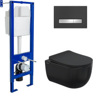 Комплект унитаза Berges Ventas Black с инсталляцией Atom Line 043325 Черный с сиденьем Микролифт и Черной Soft touch Хром глянец клавишей смыва