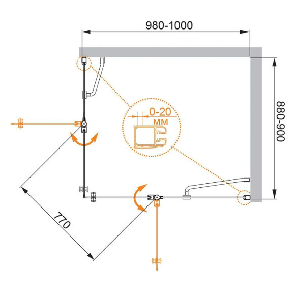 Душевой уголок Cezares Elena 100x90 R ELENA-W-AH-2-100/90-P-Cr-R профиль Хром стекло текстурное