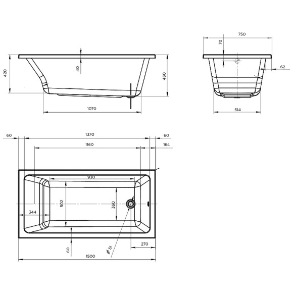 Акриловая ванна Marka One Bianca 150х75 01бья1575 без гидромассажа Акриловая ванна Marka One Bianca 150х75 01бья1575 без гидромассажа