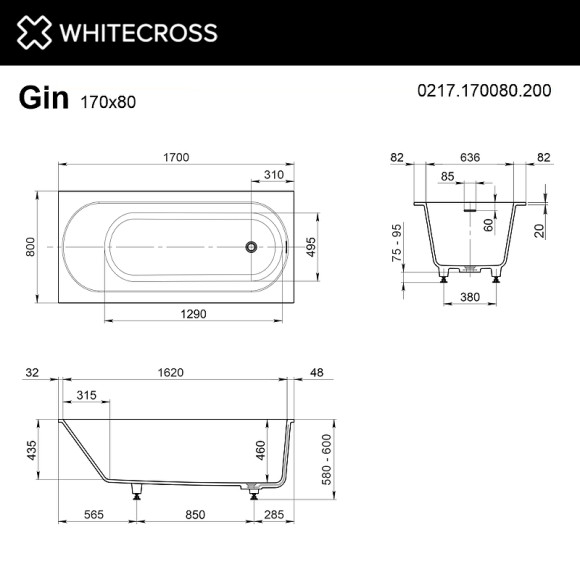 Ванна из искусственного камня Whitecross Gin 170x80 0217.170080.200 Белая матовая без гидромассажа Ванна из искусственного камня Whitecross Gin 170x80 0217.170080.200 Белая матовая без гидромассажа