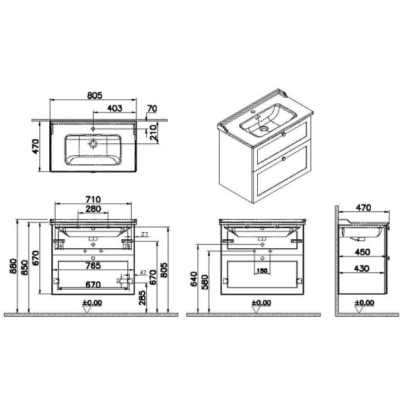Тумба с раковиной Vitra Root Classic 80 68874 подвесная Темно-синяя матовая