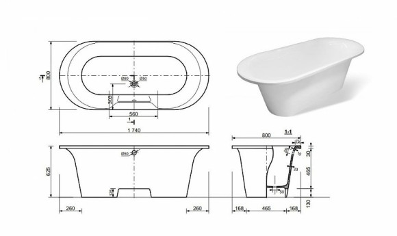 Ванна из искусственного камня Эстет Лион 174х80 ФР-00000684 без гидромассажа