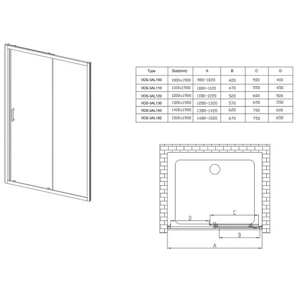 Душевая дверь Vincea Alpha 140 VDS-3AL140CLG профиль Брашированное золото стекло прозрачное
