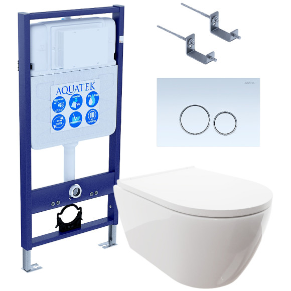 Комплект унитаза с инсталляцией Aquatek Set Aquatek Поларис-015 4в1 с сиденьем Микролифт и Белой клавишей смыва