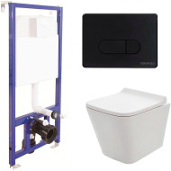 Комплект унитаза AQUAme AQM2004 с инсталляцией Berges Novum D5 040235 с сиденьем Микролифт и Черной матовой клавишей смыва