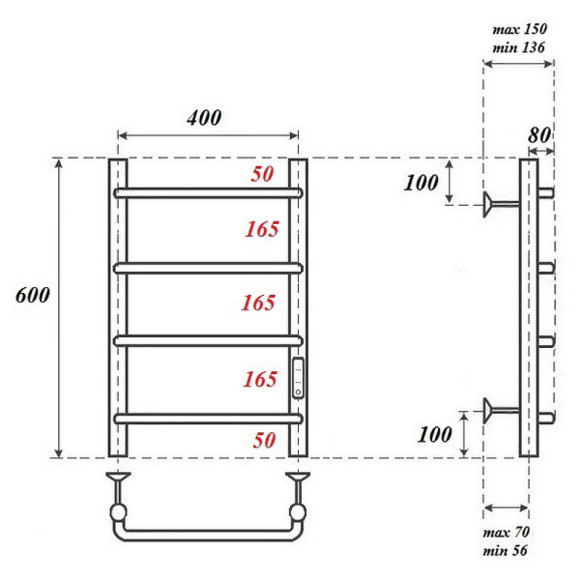 Электрический полотенцесушитель Point Ника PN08846B П4 400x600 диммер справа Черный Электрический полотенцесушитель Point Ника PN08846B П4 400x600 диммер справа Черный