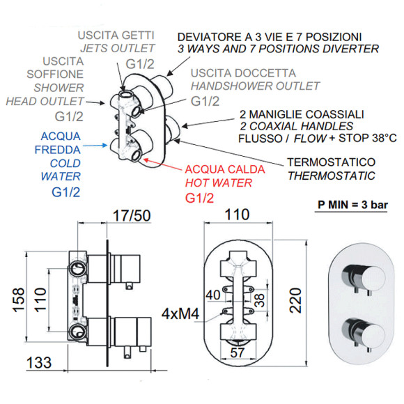 Смеситель для душа Remer Minimal Thermo NT937 с термостатом Хром Смеситель для душа Remer Minimal Thermo NT937 с термостатом Хром
