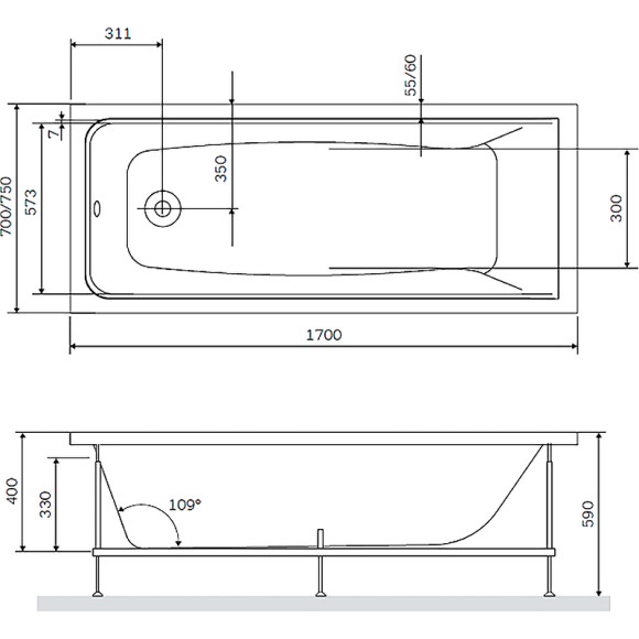 Акриловая ванна AM.PM Gem 170х75 без гидромассажа