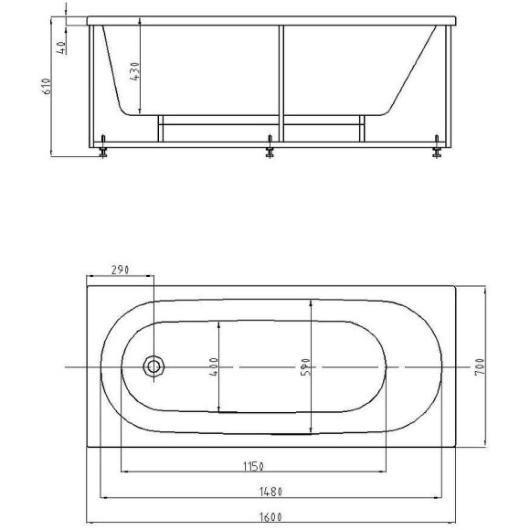 Акриловая ванна Aquatek Оберон 160х70 OBR160-0000026 без гидромассажа с фронтальной панелью с каркасом (разборный) со слив-переливом (слева)