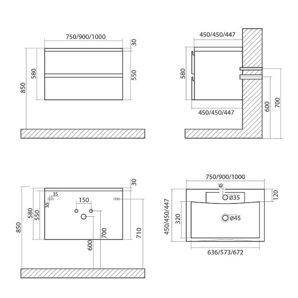 Тумба под раковину Art&Max AM-Bianchi-1000-2C-SO-GM подвесная Серый матовый