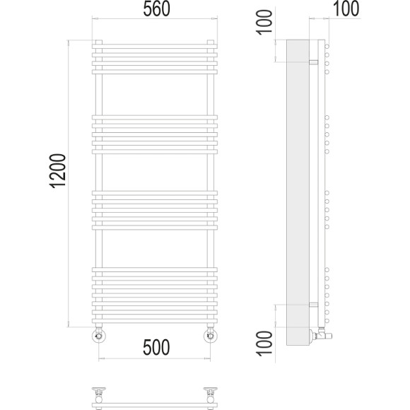 Водяной полотенцесушитель Terminus Ватра П21 500х1200 4670078530561 Хром, нижнее подключение, G 1/2" ВР, с комплектом вентилей