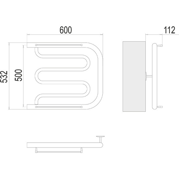 Водяной полотенцесушитель Terminus Фокстрот (1) БШ 500х600 4620768881046 с полкой Хром, боковое подключение, G 1" НР Водяной полотенцесушитель Terminus Фокстрот (1) БШ 500х600 4620768881046 с полкой Хром, боковое подключение, G 1" НР