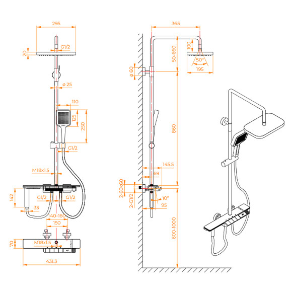Душевая система RGW Shower Panels SP-35B 51140135-04 с термостатом Черная матовая Душевая система RGW Shower Panels SP-35B 51140135-04 с термостатом Черная матовая