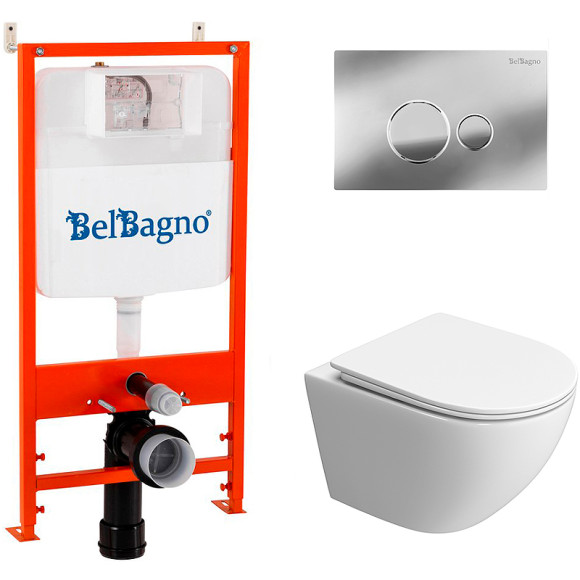 Комплект унитаза с инсталляцией BelBagno Uno-Tor BB5177CH-TOR/SC/BB026/BB081CR с сиденьем Микролифт и клавишей смыва Хром глянцевый