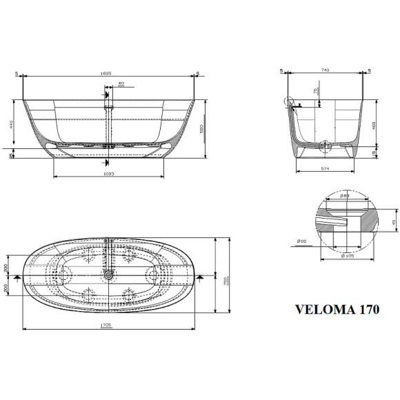 Ванна из искусственного камня Plumberia Selection VELOMA 170BN 170x75 Белая матовая Черная без гидромассажа