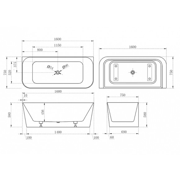 Акриловая ванна Abber 160х75 AB9223-1.6 без гидромассажа Акриловая ванна Abber 160х75 AB9223-1.6 без гидромассажа