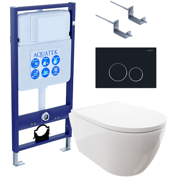 Комплект унитаза с инсталляцией Aquatek Set Aquatek Поларис-020 4в1 с сиденьем Микролифт и Черной матовой клавишей смыва