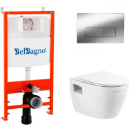 Комплект унитаза с инсталляцией BelBagno Loto BB070CHR/SC/BB026/BB041CR с сиденьем Микролифт и клавишей смыва Хром глянцевый