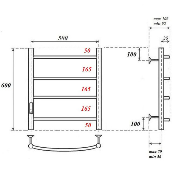 Электрический полотенцесушитель Point Афина PN04756B П4 500x600 диммер слева Черный Электрический полотенцесушитель Point Афина PN04756B П4 500x600 диммер слева Черный