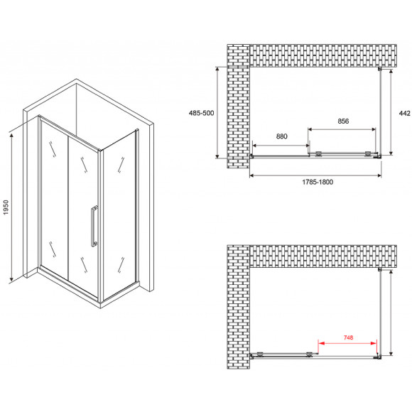 Душевой уголок Abber Schwarzer Diamant 180x50 AG30180BH-S50B профиль Черный стекло прозрачное Душевой уголок Abber Schwarzer Diamant 180x50 AG30180BH-S50B профиль Черный стекло прозрачное