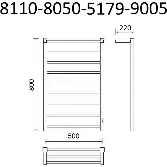 Электрический полотенцесушитель Маргроид 8110 профильный 810x500 8110-8050-5179-9005 с полкой Черный матовый