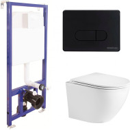 Комплект унитаза WeltWasser Merzbach 043 GL-WT 10000009939 с инсталляцией Berges Novum D5 040235 с сиденьем Микролифт и Черной матовой клавишей смыва