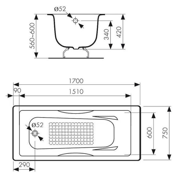 Чугунная ванна Kaiser 170х75 КВ-1703 с антискользящим покрытием