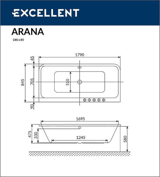 Акриловая ванна Excellent Arana 180x85 WAEX.ARA18.SMART.GL с гидромассажем