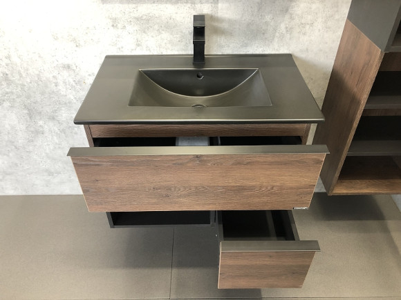 Тумба с раковиной Comforty Франкфурт 75 00-00000889 подвесная Дуб шоколадно-коричневый Черная матовая