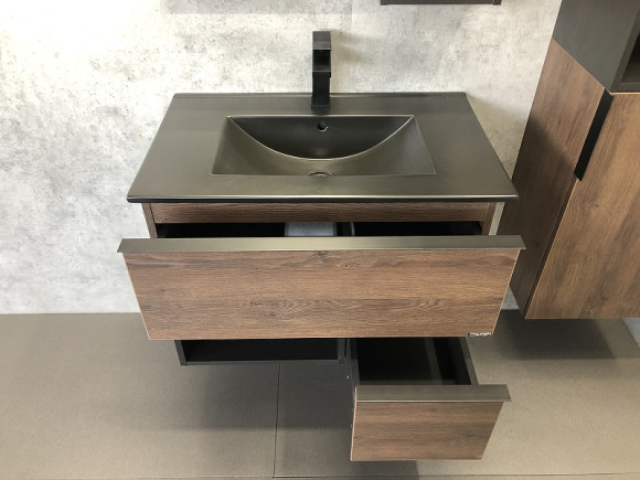 Тумба с раковиной Comforty Франкфурт 75 00-00000889 подвесная Дуб шоколадно-коричневый Черная матовая