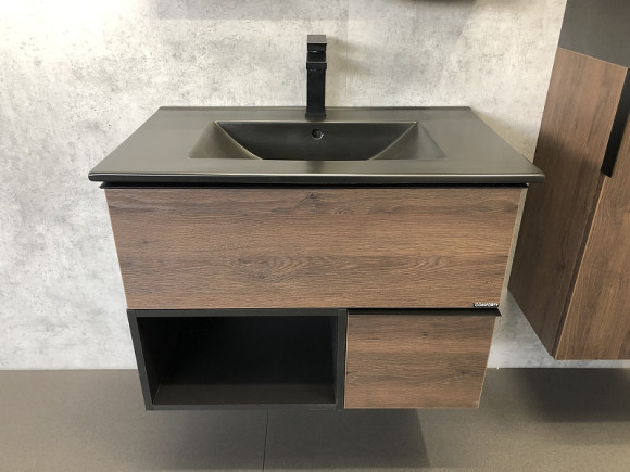Тумба с раковиной Comforty Франкфурт 75 00-00000889 подвесная Дуб шоколадно-коричневый Черная матовая