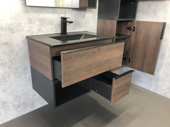 Тумба с раковиной Comforty Франкфурт 75 00-00000889 подвесная Дуб шоколадно-коричневый Черная матовая