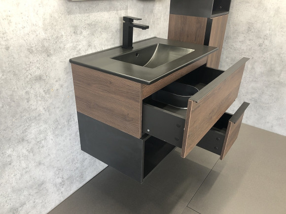 Тумба с раковиной Comforty Франкфурт 75 00-00000889 подвесная Дуб шоколадно-коричневый Черная матовая