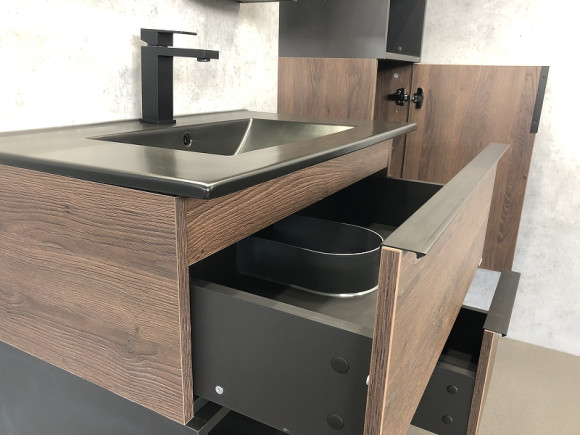 Тумба с раковиной Comforty Франкфурт 75 00-00000889 подвесная Дуб шоколадно-коричневый Черная матовая