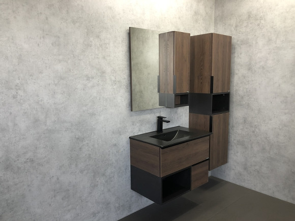 Тумба с раковиной Comforty Франкфурт 75 00-00000889 подвесная Дуб шоколадно-коричневый Черная матовая