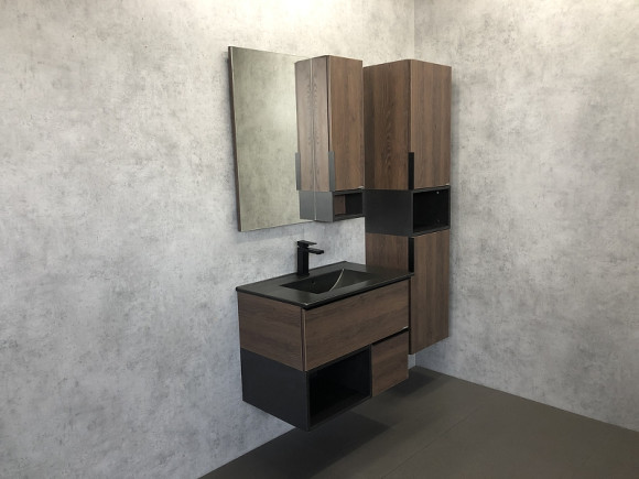 Тумба с раковиной Comforty Франкфурт 75 00-00000889 подвесная Дуб шоколадно-коричневый Черная матовая