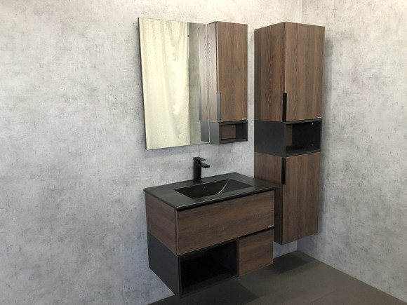 Тумба с раковиной Comforty Франкфурт 75 00-00000889 подвесная Дуб шоколадно-коричневый Черная матовая