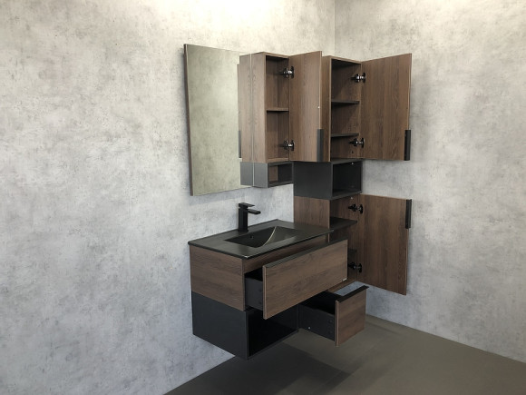 Тумба с раковиной Comforty Франкфурт 75 00-00000889 подвесная Дуб шоколадно-коричневый Черная матовая