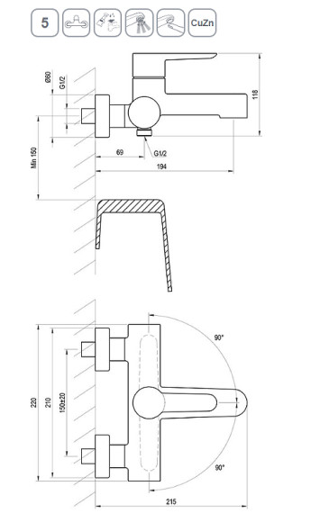 Смеситель для ванны Ravak Puri PU 022.20/150 X070185 Черный матовый Смеситель для ванны Ravak Puri PU 022.20/150 X070185 Черный матовый