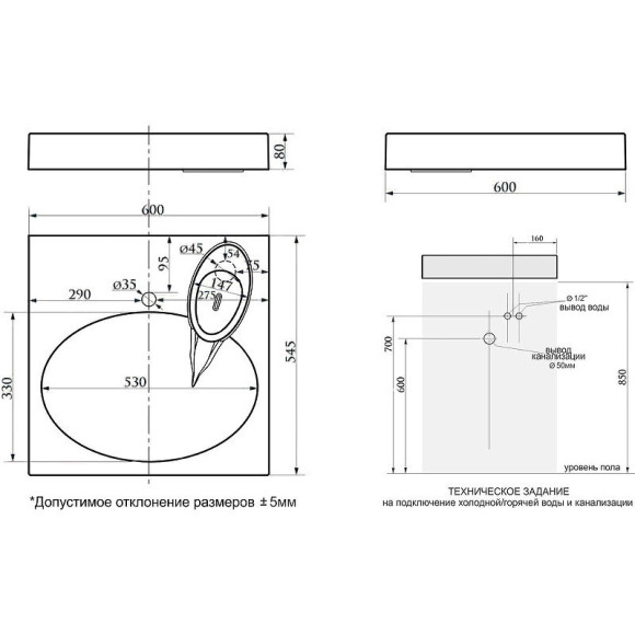 Раковина Paulmark Mond 60 PM720431 на стиральную машину Белая