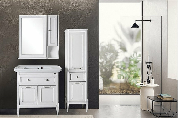 Комплект мебели для ванной ASB-Woodline Гранда 85 Белый с патиной Серебро