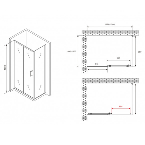 Душевой уголок Abber Schwarzer Diamant 120x100 AG30120B5-S100B5 профиль Черный стекло прозрачное