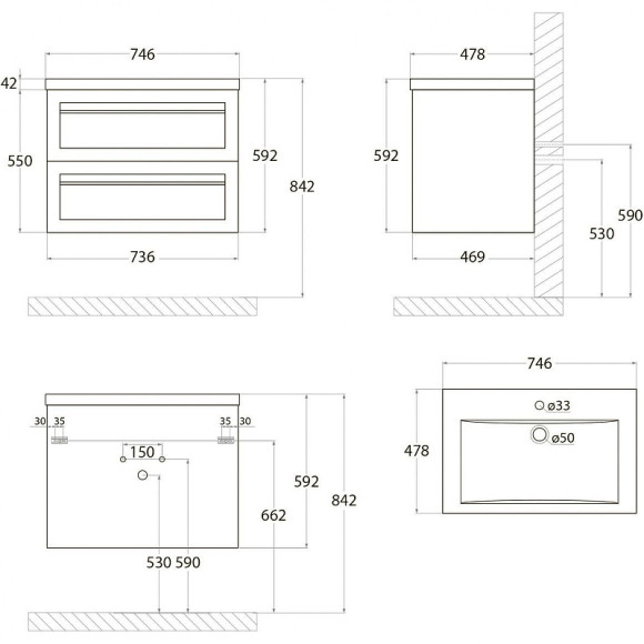 Тумба под раковину Art&Max AM-Platino-750-2C-SO-NM подвесная Черная матовая Тумба под раковину Art&Max AM-Platino-750-2C-SO-NM подвесная Черная матовая